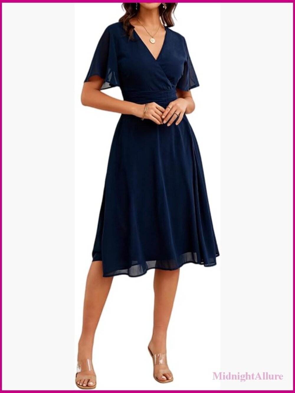 Elegant Flutter Sleeve V-Neck Backless Chiffon Midi A-Line Dress